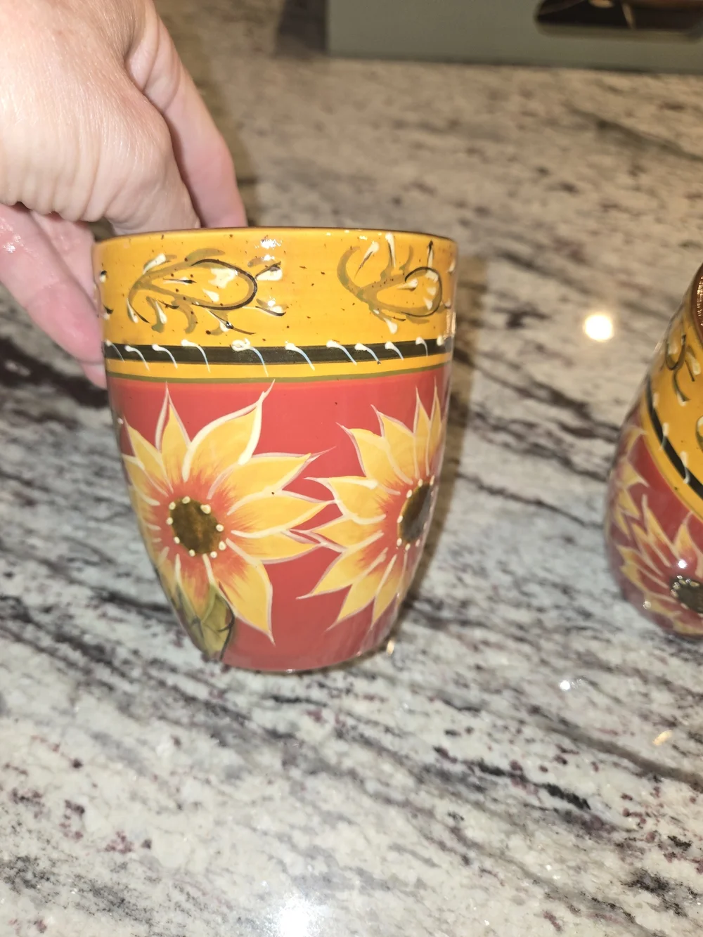 Pier 1 Imports Sunflower Coffee Mug Hand Painted Terracotta 12oz Set Of 2